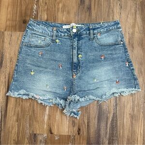 High Waist Medium Light Wash Mushroom Embroidered Shorts